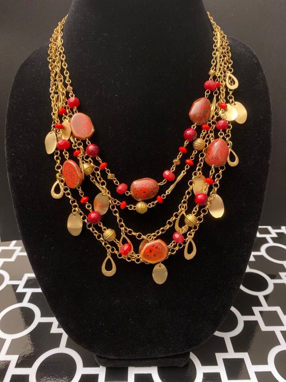 Multi-Layer Necklace Red Speckled Beads w/ Golden Chain & Beads 19.5” - 22.5”